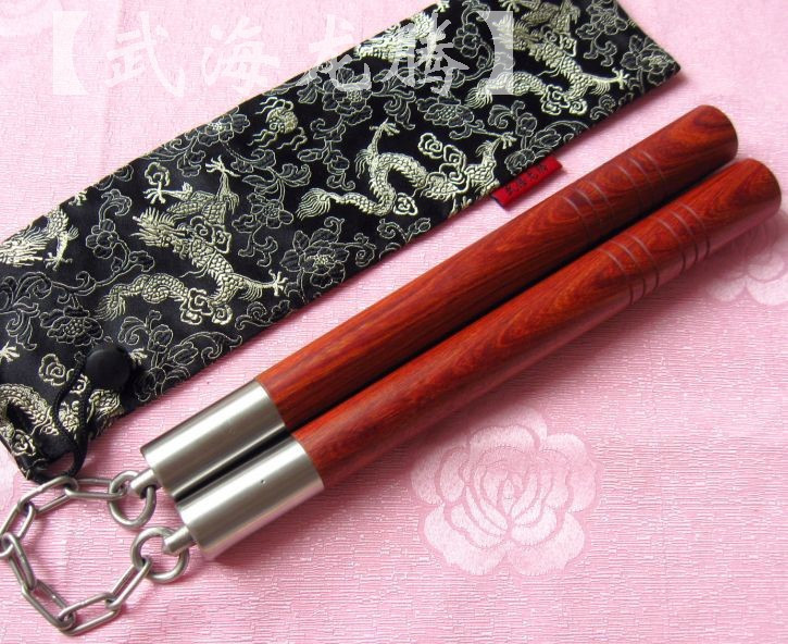 Rosewood nunchaku stainless steel connector red